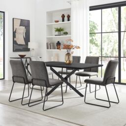 FurnitureboxUK Leonardo Black Top Dining Table & 6 Halley Fabric Chairs in Dark Grey - thumbnail 1