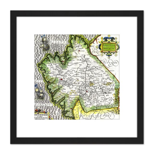 Artery8 Map Antique Mercator 16th Century Galicia Old Replica 8X8 Inch Square Wooden Framed Wall Art Print Picture with Mount in Black - image 1