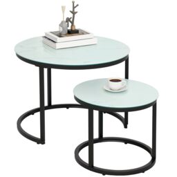 HOMCOM Glass Coffee Table Set of 2, Round Nest of Tables, White - thumbnail 2
