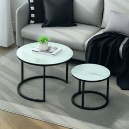 HOMCOM Glass Coffee Table Set of 2, Round Nest of Tables, White - thumbnail 1