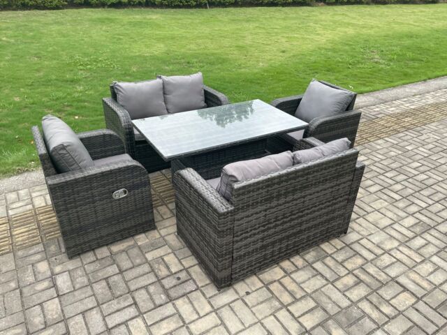 Fimous Rattan Furniture Outdoor Garden Dining Set Patio Height Adjustable Rising lifting Table Love Sofa Chair Set in Dark Grey - image 1
