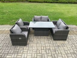 Fimous Rattan Furniture Outdoor Garden Dining Set Patio Height Adjustable Rising lifting Table Love Sofa Chair Set in Dark Grey - thumbnail 2