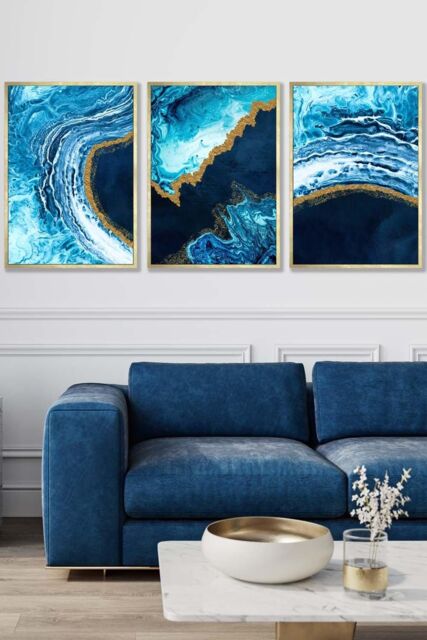 ARTZE Abstract Navy, Blue & Gold Oceans Framed Wall Art - Large in Metallic Gold - Size: W53 cm x H73 cm x D20mm - image 1