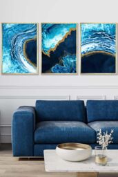 ARTZE Abstract Navy, Blue & Gold Oceans Framed Wall Art - Large in Metallic Gold - Size: W53 cm x H73 cm x D20mm