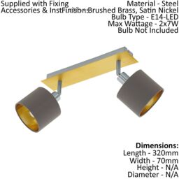 Loops Flush Ceiling Light Brushed Brass Satin Nickel Shade Cappuccino Fabric E14 2x7W in Metallics - thumbnail 2