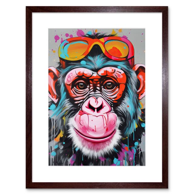 "Artery8 Wall Art Print Chimpanzee Monkey With Sunglasses Graffiti Pop Artwork Framed 9X7 Inch in Brown - Size: W7"" x H9""" - image 1