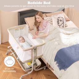 Gymax Bassinet for Infant Folding Bedside Crib 77-87CM Adjustable Height in Beige - thumbnail 7