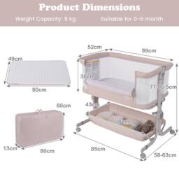 Gymax Bassinet for Infant Folding Bedside Crib 77-87CM Adjustable Height in Beige - thumbnail 2