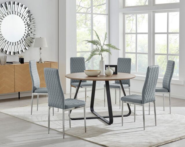 FurnitureboxUK Santorini Brown Wood Effect Dining Table & 6 Milan Chrome Leg Chairs in Grey - image 1