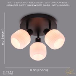 Happy Homewares Modern Designer Matte Black Spot Ceiling Light with White Ribbed Glass Shades - thumbnail 5