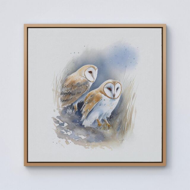 Warren Reed - Designer Barn Ano Owls Watercolour Framed Canvas in Light Brown - Size: w40 inch x h40 inch - image 1
