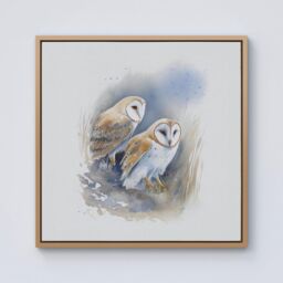 Warren Reed - Designer Barn Ano Owls Watercolour Framed Canvas in Light Brown - Size: w40 inch x h40 inch - thumbnail 1