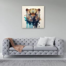 "Warren Reed - Designer Leapoard Face Splashart On Light Background Canvas in Yellow - Size: W16"" x H16""" - thumbnail 4