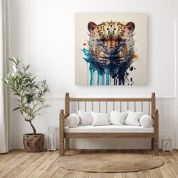 "Warren Reed - Designer Leapoard Face Splashart On Light Background Canvas in Yellow - Size: W16"" x H16""" - thumbnail 3