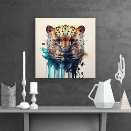 "Warren Reed - Designer Leapoard Face Splashart On Light Background Canvas in Yellow - Size: W16"" x H16""" - thumbnail 2