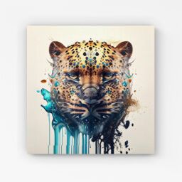 "Warren Reed - Designer Leapoard Face Splashart On Light Background Canvas in Yellow - Size: W16"" x H16""" - thumbnail 1