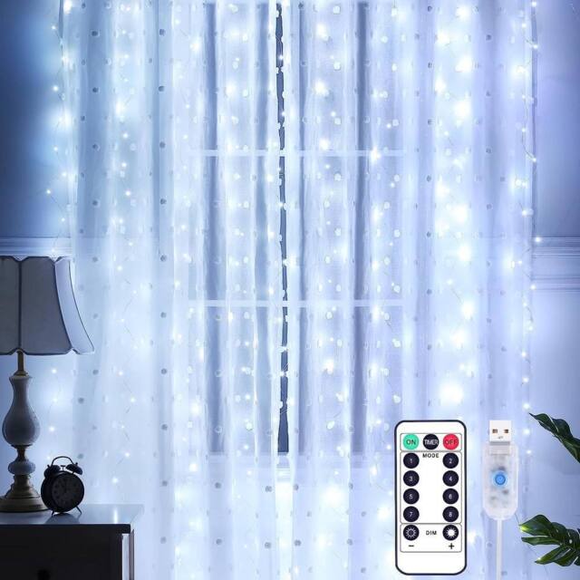 Garwarm Curtain Lights 3m x 3m, 300 LED String Lights With 8 Modes in Cool White - image 1