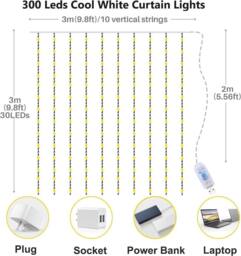 Garwarm Curtain Lights 3m x 3m, 300 LED String Lights With 8 Modes in Cool White - thumbnail 4