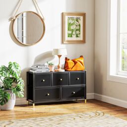 HOMCOM Fabric Chest of Drawers with PU Leather Surface, for Bedroom in Black - thumbnail 1