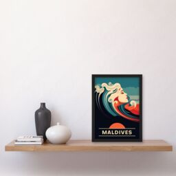 Artery8 Wall Art Print The Seaside Calls Maldives Beach Sunset Woman of the Waves Sea Siren Ocean Art Framed in Blue - Size: A4 - thumbnail 4