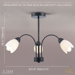 Happy Homewares Contemporary Ceiling Lamp Fitting with Opal White Floral Petal Glass Shades in Black - thumbnail 6