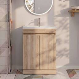 Balterley 600mm Floor Standing 2 Door Unit with Polymarble Basin - Light Oak in Brown - thumbnail 3