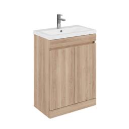 Balterley 600mm Floor Standing 2 Door Unit with Polymarble Basin - Light Oak in Brown