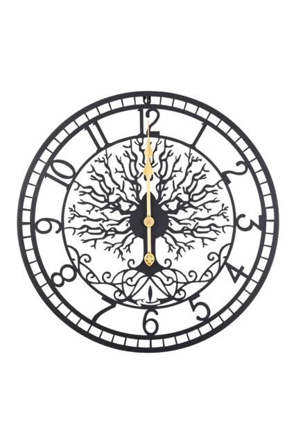 Living and Home 60cm Black Metal Arabic Numerals Cut-Out Silent Wall Clock with Tree Carving