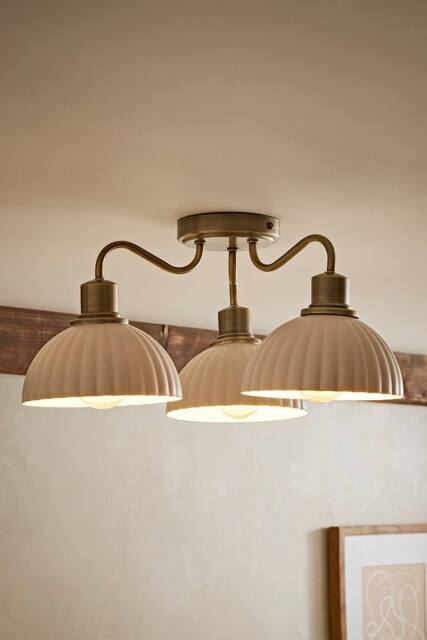 ValueLights Bourton Cream Ribbed Dome 3 Arm Ceiling Pendant Light in Gold - image 1