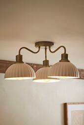 ValueLights Bourton Cream Ribbed Dome 3 Arm Ceiling Pendant Light in Gold