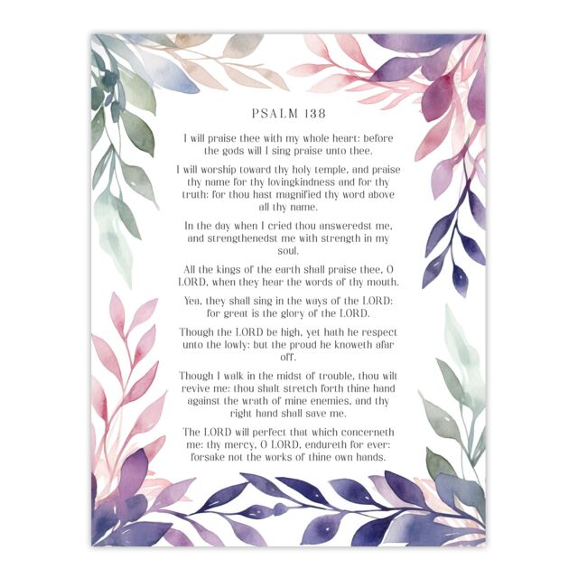 "Artery8 Wall Art Print Psalm 138 I Will Praise Thee Old Testament Bible Quote Poster in Purple - Size: W24"" x H32""" - image 1
