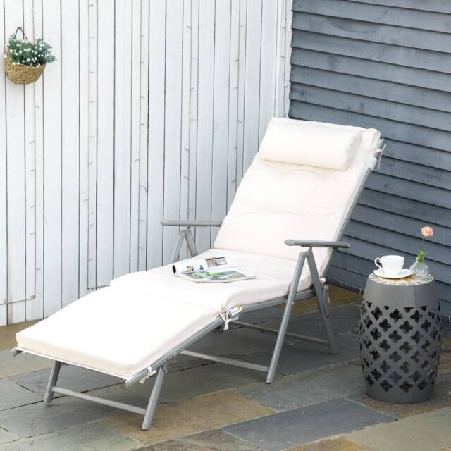 OUTSUNNY Sun Lounger Steel Frame Outdoor Folding Chaise Texteline Lounge Chair Recliner with Headrest & 7 Levels Adjustable Backrest in Cream - image 1