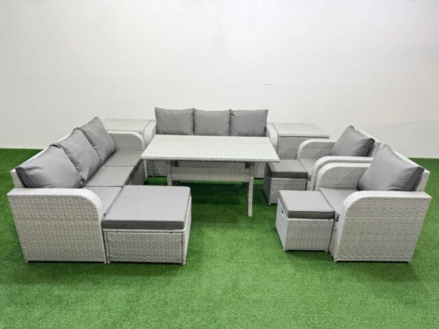 Fimous PE Rattan High Back Lounge Sofa Set Patio Rectangular Dining Table & Chairs Set w/ 3 Seater Sofa Reclining Chair 3 Stools 2 Side Table Light - image 1