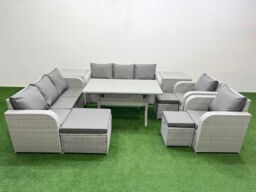 Fimous PE Rattan High Back Lounge Sofa Set Patio Rectangular Dining Table & Chairs Set w/ 3 Seater Sofa Reclining Chair 3 Stools 2 Side Table Light - thumbnail 2