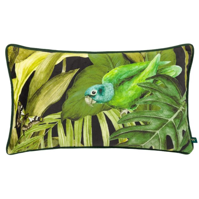 Wylder Tropics Psitta Bird Velvet Piped Cushion in Black - Size: 30 cm x 50 cm - image 1