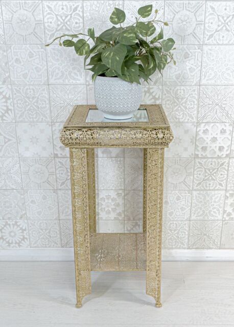 Downton Interiors Light Gold Embossed Metal Mirrored Glass Side Table with Shelf - Agadir Range - Size: Medium - image 1