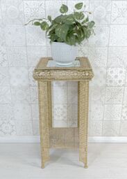 Downton Interiors Light Gold Embossed Metal Mirrored Glass Side Table with Shelf - Agadir Range - Size: Medium - thumbnail 1