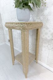 Downton Interiors Light Gold Embossed Metal Mirrored Glass Side Table with Shelf - Agadir Range - Size: Medium - thumbnail 4