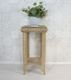 Downton Interiors Light Gold Embossed Metal Mirrored Glass Side Table with Shelf - Agadir Range - Size: Medium - thumbnail 3