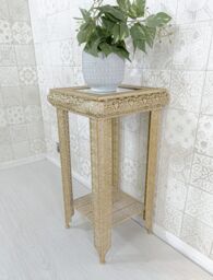 Downton Interiors Light Gold Embossed Metal Mirrored Glass Side Table with Shelf - Agadir Range - Size: Medium - thumbnail 2