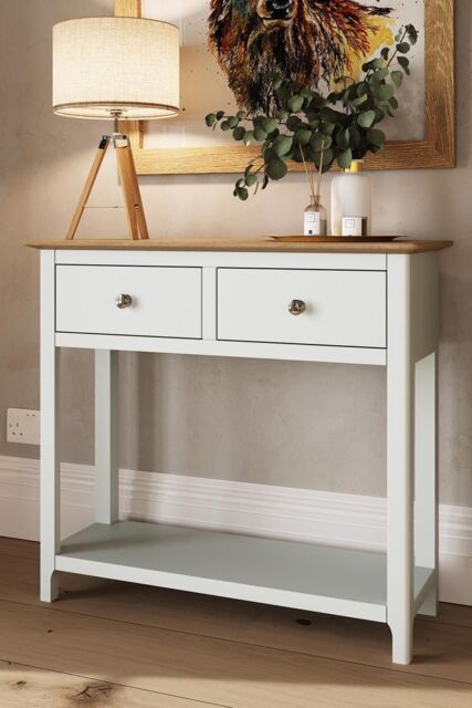 FWStyle 2 Drawer Console Table White Linen Large Oak Top Painted Finish - image 1