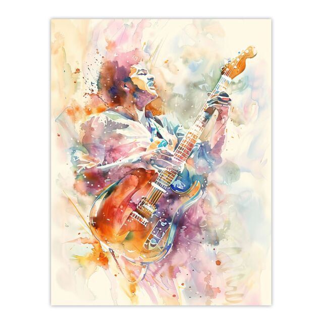 "Artery8 Colourful Watercolour Electric Guitar Musician Wall Art Print - Size: W24"" x H32""" - image 1