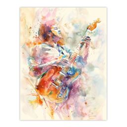 "Artery8 Colourful Watercolour Electric Guitar Musician Wall Art Print - Size: W24"" x H32""" - thumbnail 1
