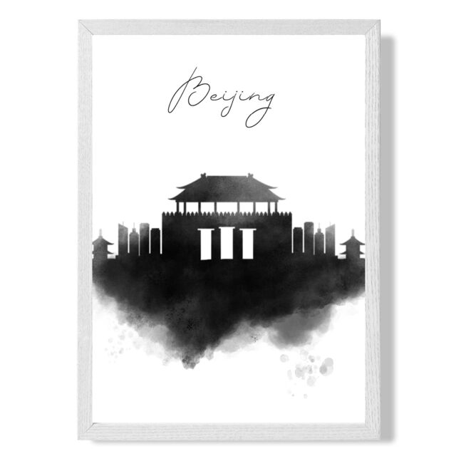 ARTZE Beijing Watercolour Skyline City Framed Print SIZE: A2 with White Frame in Black - Size: A4 - image 1