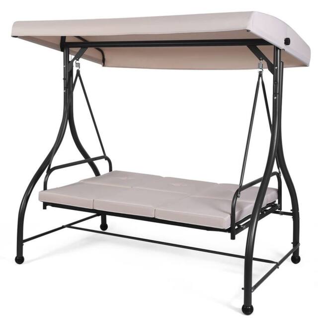 Gymax Patio Swing 3-Person Convertible Canopy Swing With Cushion Seats in Beige - image 1