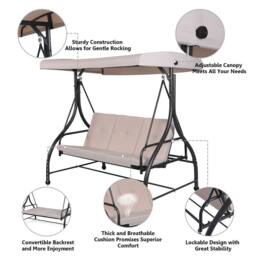 Gymax Patio Swing 3-Person Convertible Canopy Swing With Cushion Seats in Beige - thumbnail 4