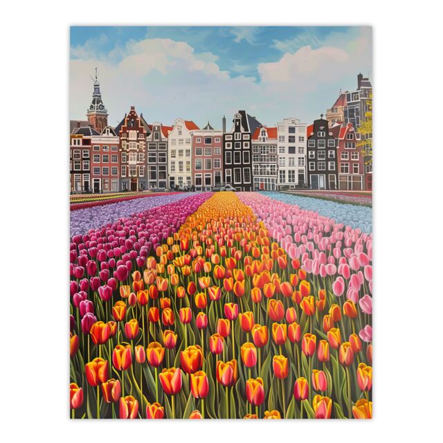 "Artery8 Amsterdam Tulip Fields Cityscape Painting Modern Wall Art Print - Size: W24"" x H32""" - image 1