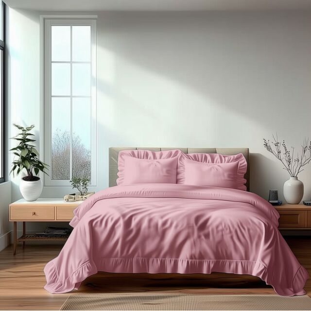 Snug City Duvet Cover & Pillowcase Set Trendy Polycotton Frilled Design Linen in Pink - Size: King - image 1