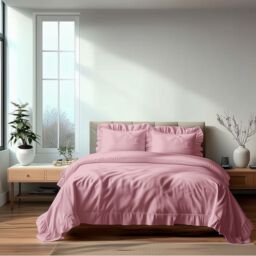 Snug City Duvet Cover & Pillowcase Set Trendy Polycotton Frilled Design Linen in Pink - Size: King