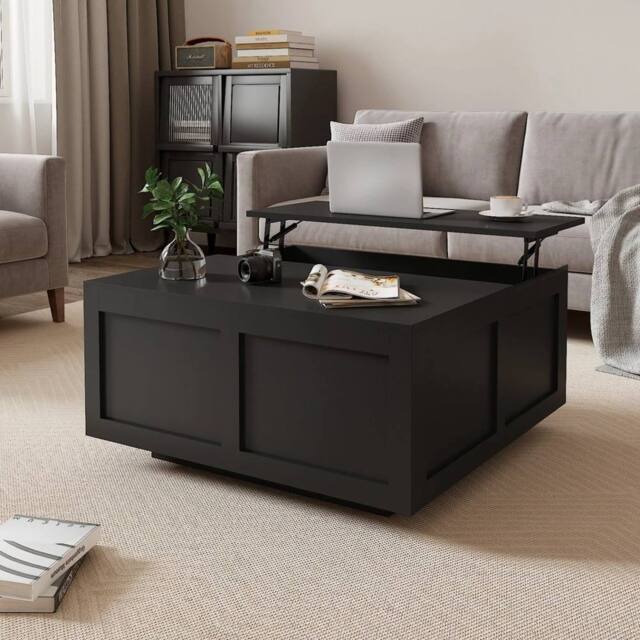 PAWNORA Black Lift Top Coffee Table with Large Storage Wood - Size: 100 cm x 15 cm - image 1